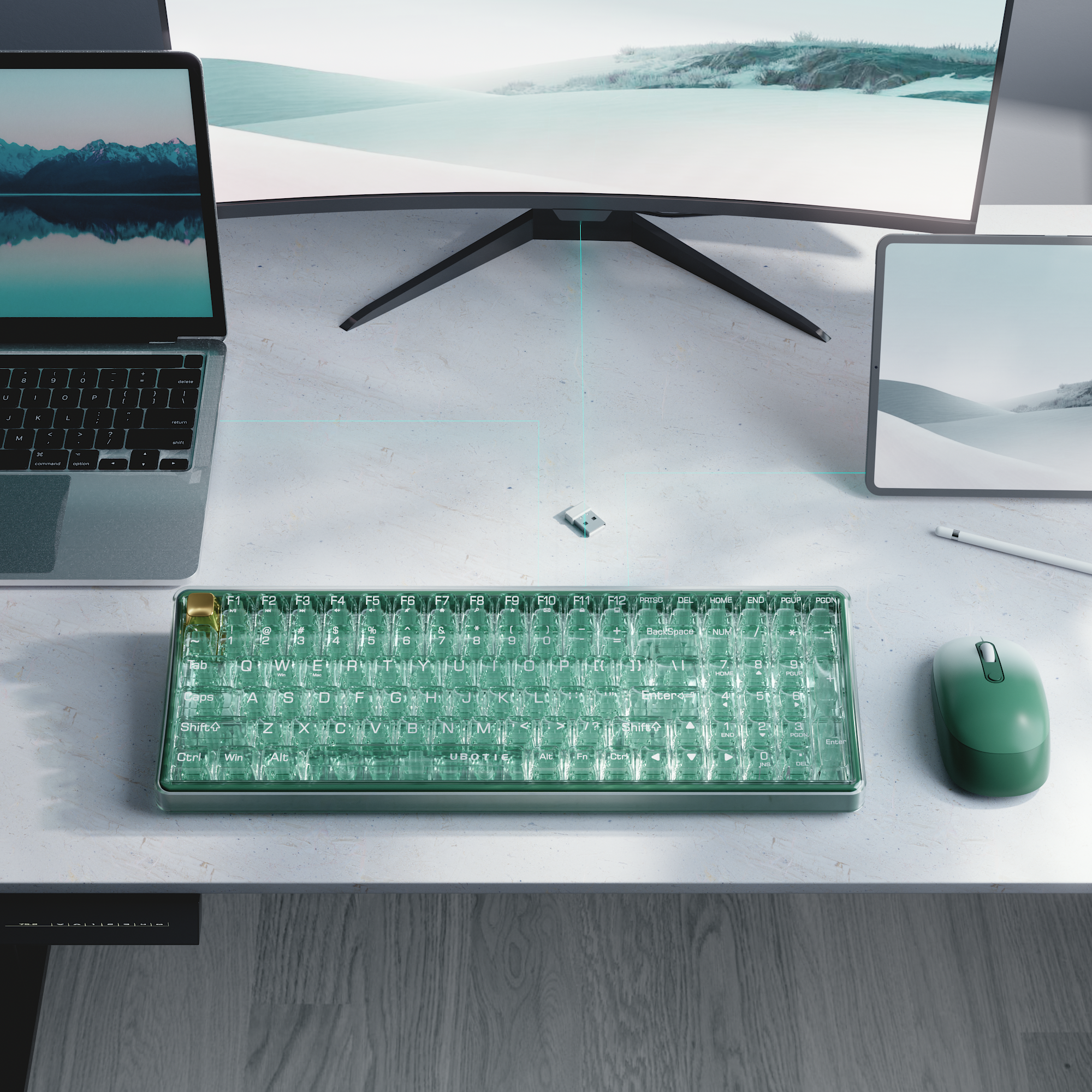 UBOTIE S601AG Wireless Transparent Keyboard and Mouse Combo, UBOTIE Blue 100keys 2.4GHz USB Receiver Keyboard Mouse Set with Adjustable DPI Optical Mouse for PC Laptop