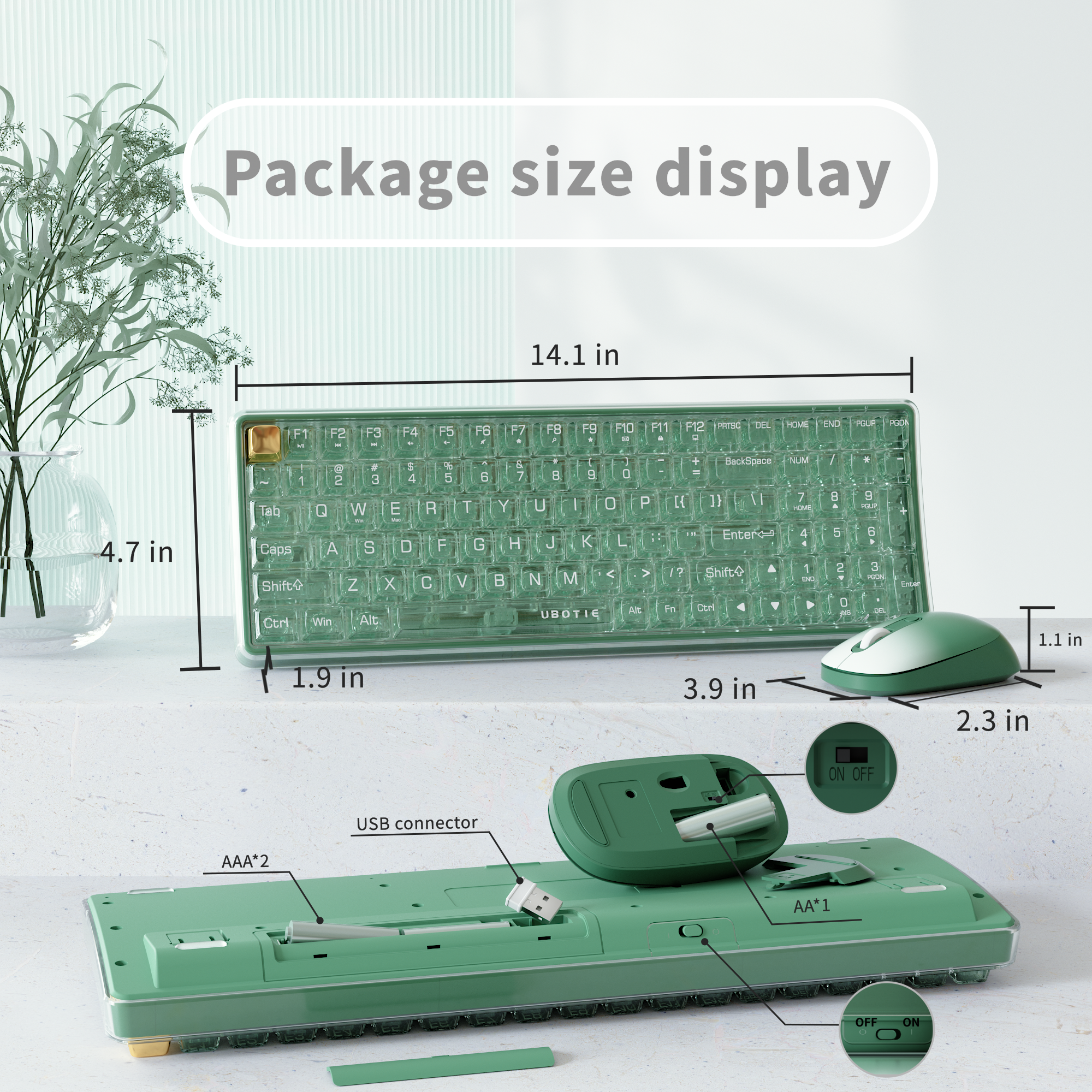 UBOTIE S601AG Wireless Transparent Keyboard and Mouse Combo, UBOTIE Blue 100keys 2.4GHz USB Receiver Keyboard Mouse Set with Adjustable DPI Optical Mouse for PC Laptop