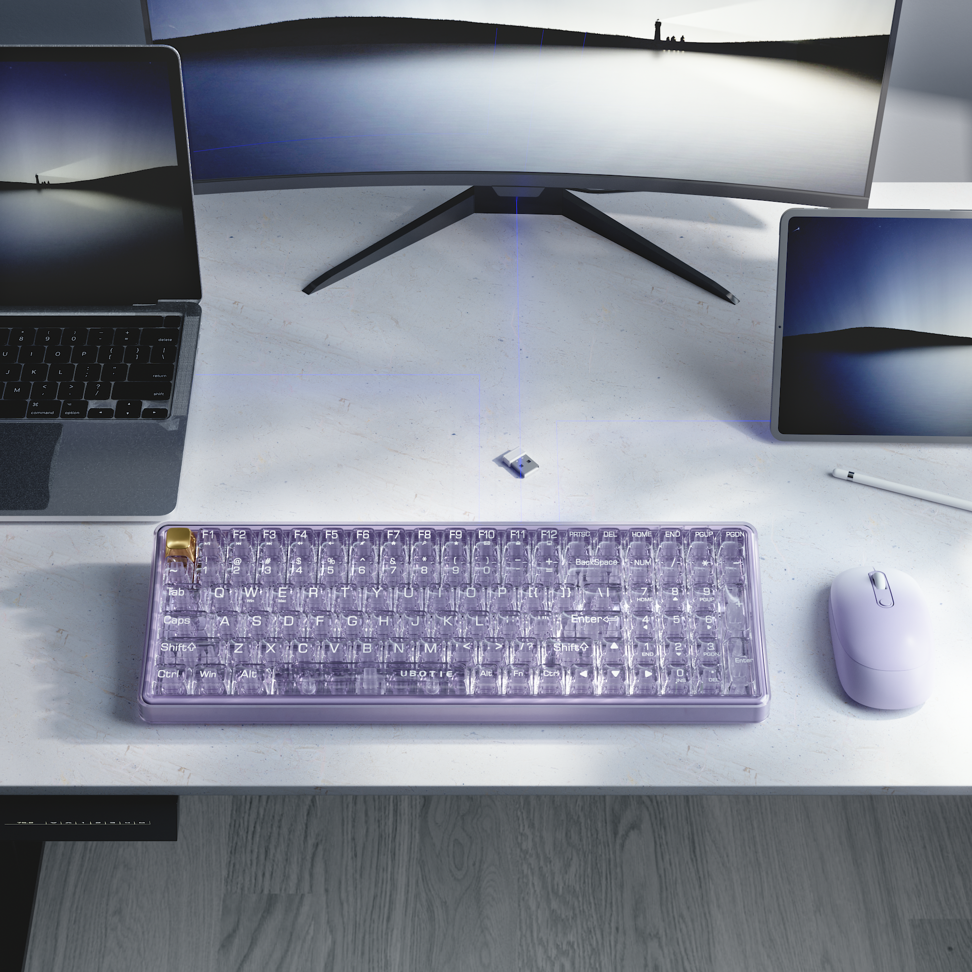 UBOTIE S601AG Wireless Transparent Keyboard and Mouse Combo, UBOTIE Blue 100keys 2.4GHz USB Receiver Keyboard Mouse Set with Adjustable DPI Optical Mouse for PC Laptop