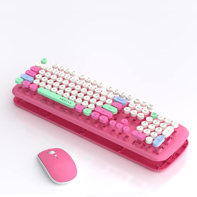 UBOTIE S801AG Colorful Wireless Computer Keyboards Mouse Combos, UBOTIE Polychrome Round Keycaps Retro PC keyboards 2.4GHz Radio Frequency Connection with Optical Mouse