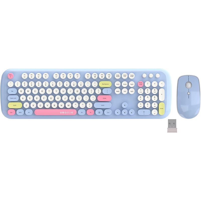 UBOTIE S801AG Colorful Wireless Computer Keyboards Mouse Combos, UBOTIE Polychrome Round Keycaps Retro PC keyboards 2.4GHz Radio Frequency Connection with Optical Mouse