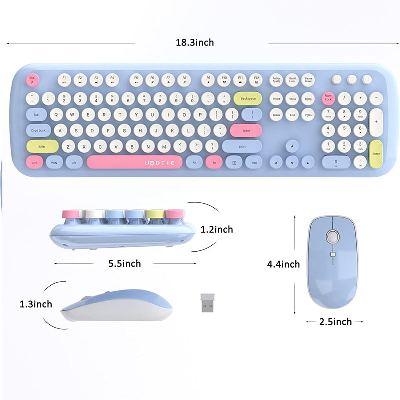UBOTIE S801AG Colorful Wireless Computer Keyboards Mouse Combos, UBOTIE Polychrome Round Keycaps Retro PC keyboards 2.4GHz Radio Frequency Connection with Optical Mouse