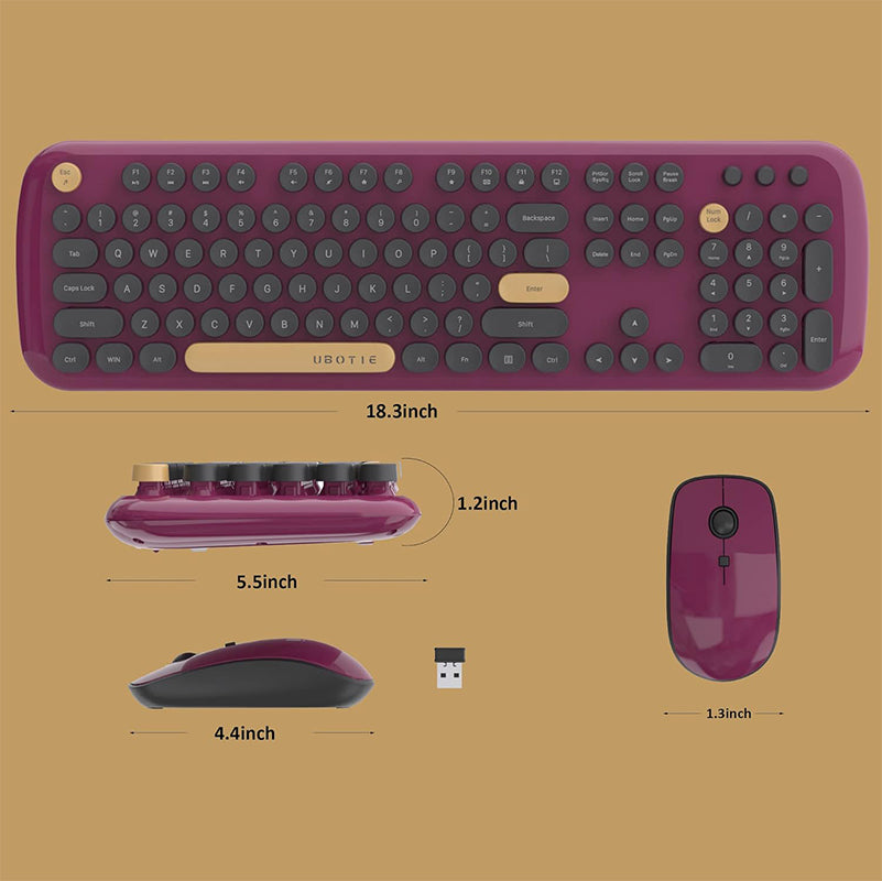 UBOTIE S801AG Colorful Wireless Computer Keyboards Mouse Combos, UBOTIE Polychrome Round Keycaps Retro PC keyboards 2.4GHz Radio Frequency Connection with Optical Mouse
