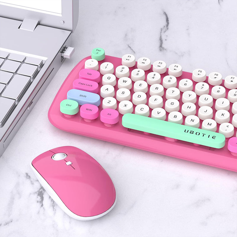 UBOTIE S801AG Colorful Wireless Computer Keyboards Mouse Combos, UBOTIE Polychrome Round Keycaps Retro PC keyboards 2.4GHz Radio Frequency Connection with Optical Mouse
