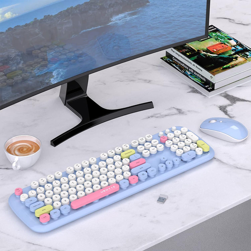 UBOTIE S801AG Colorful Wireless Computer Keyboards Mouse Combos, UBOTIE Polychrome Round Keycaps Retro PC keyboards 2.4GHz Radio Frequency Connection with Optical Mouse