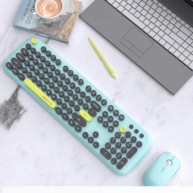 UBOTIE S801AG Colorful Wireless Computer Keyboards Mouse Combos, UBOTIE Polychrome Round Keycaps Retro PC keyboards 2.4GHz Radio Frequency Connection with Optical Mouse