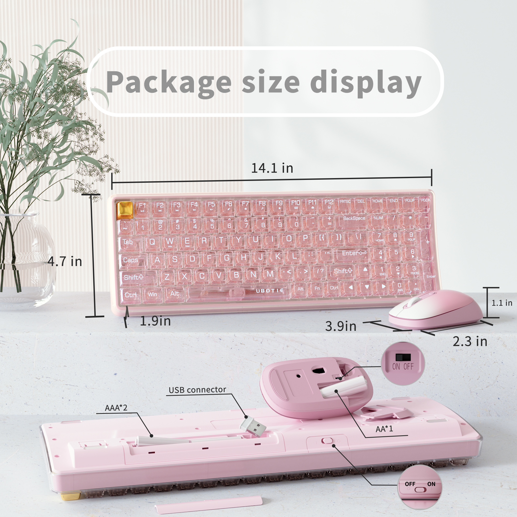 UBOTIE S601AG Wireless Transparent Keyboard and Mouse Combo, UBOTIE Blue 100keys 2.4GHz USB Receiver Keyboard Mouse Set with Adjustable DPI Optical Mouse for PC Laptop