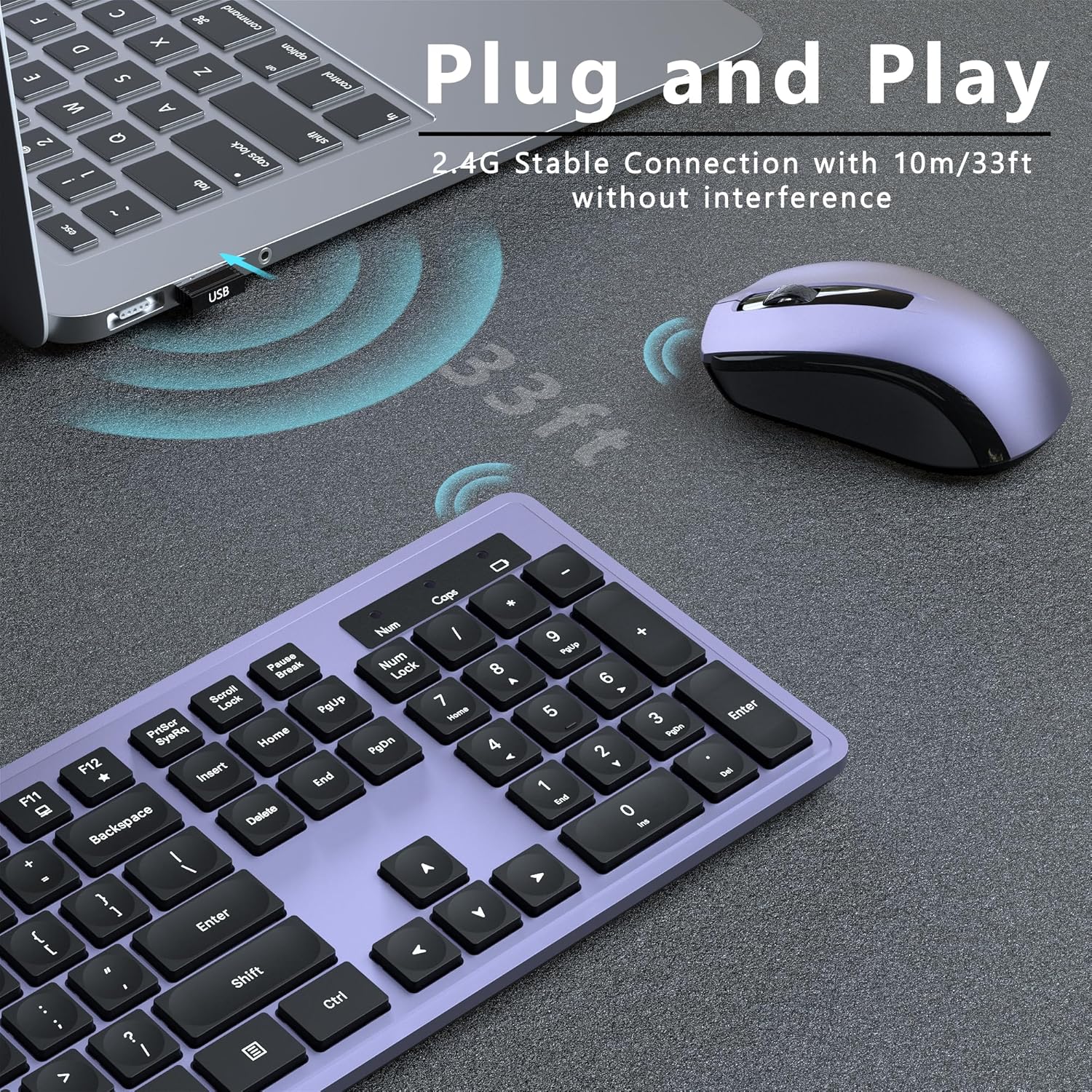 UBOTIE S624AG Wireless Keyboard and Mouse Combo, 2.4GHz Wireless Keyboard Mouse with USB Receiver, Water-Dropping Keycaps, 104 Keys Full Size with Number Pad for PC Laptop Computer Desktop