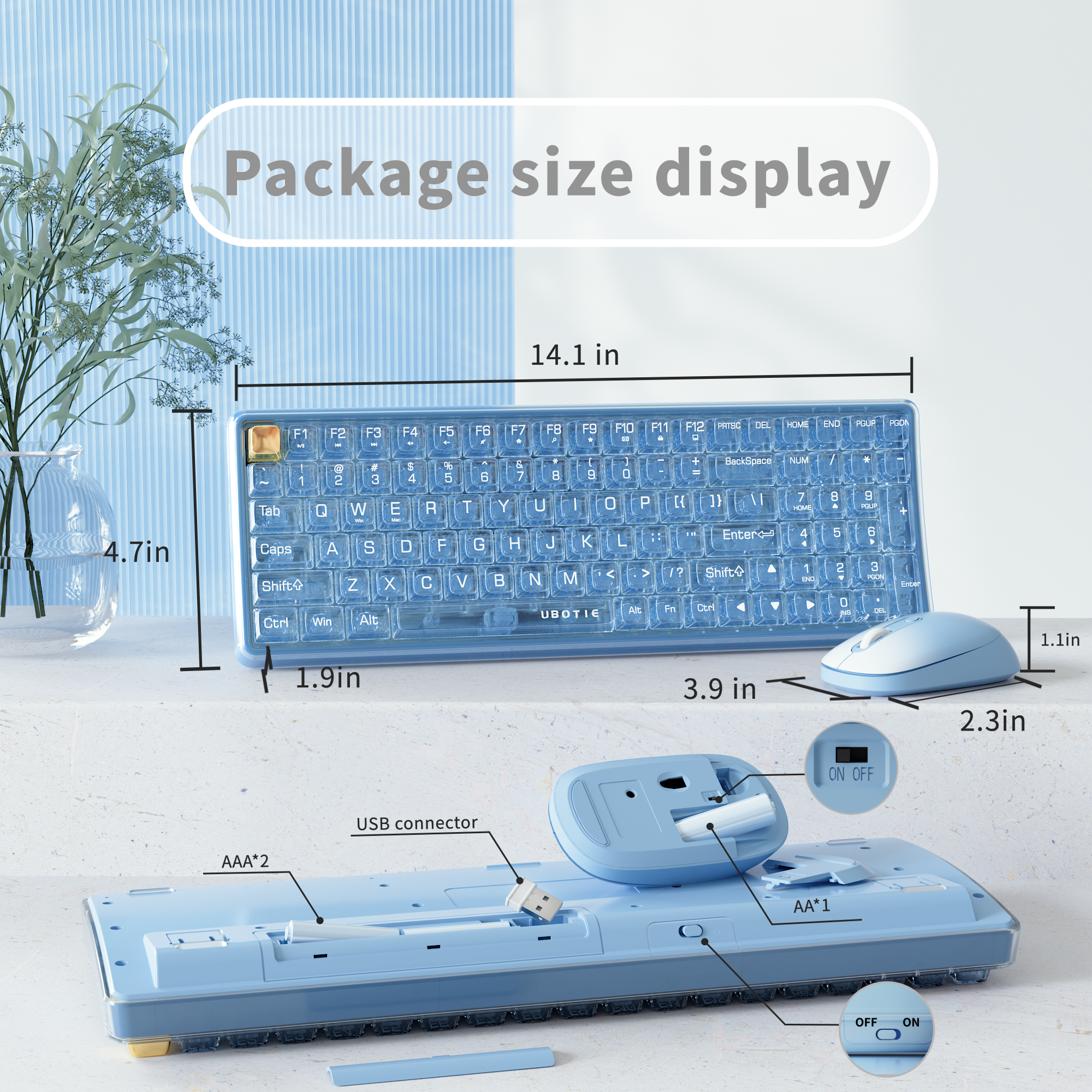 UBOTIE S601AG Wireless Transparent Keyboard and Mouse Combo, UBOTIE Blue 100keys 2.4GHz USB Receiver Keyboard Mouse Set with Adjustable DPI Optical Mouse for PC Laptop