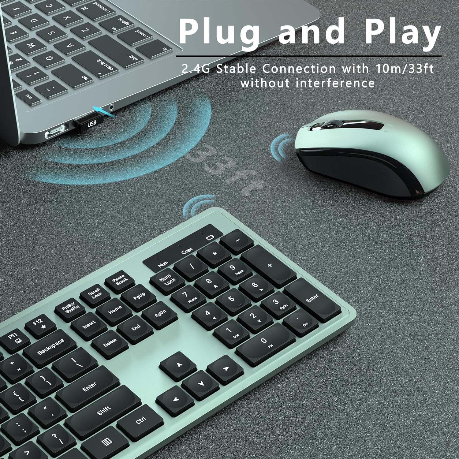 UBOTIE S624AG Wireless Keyboard and Mouse Combo, 2.4GHz Wireless Keyboard Mouse with USB Receiver, Water-Dropping Keycaps, 104 Keys Full Size with Number Pad for PC Laptop Computer Desktop