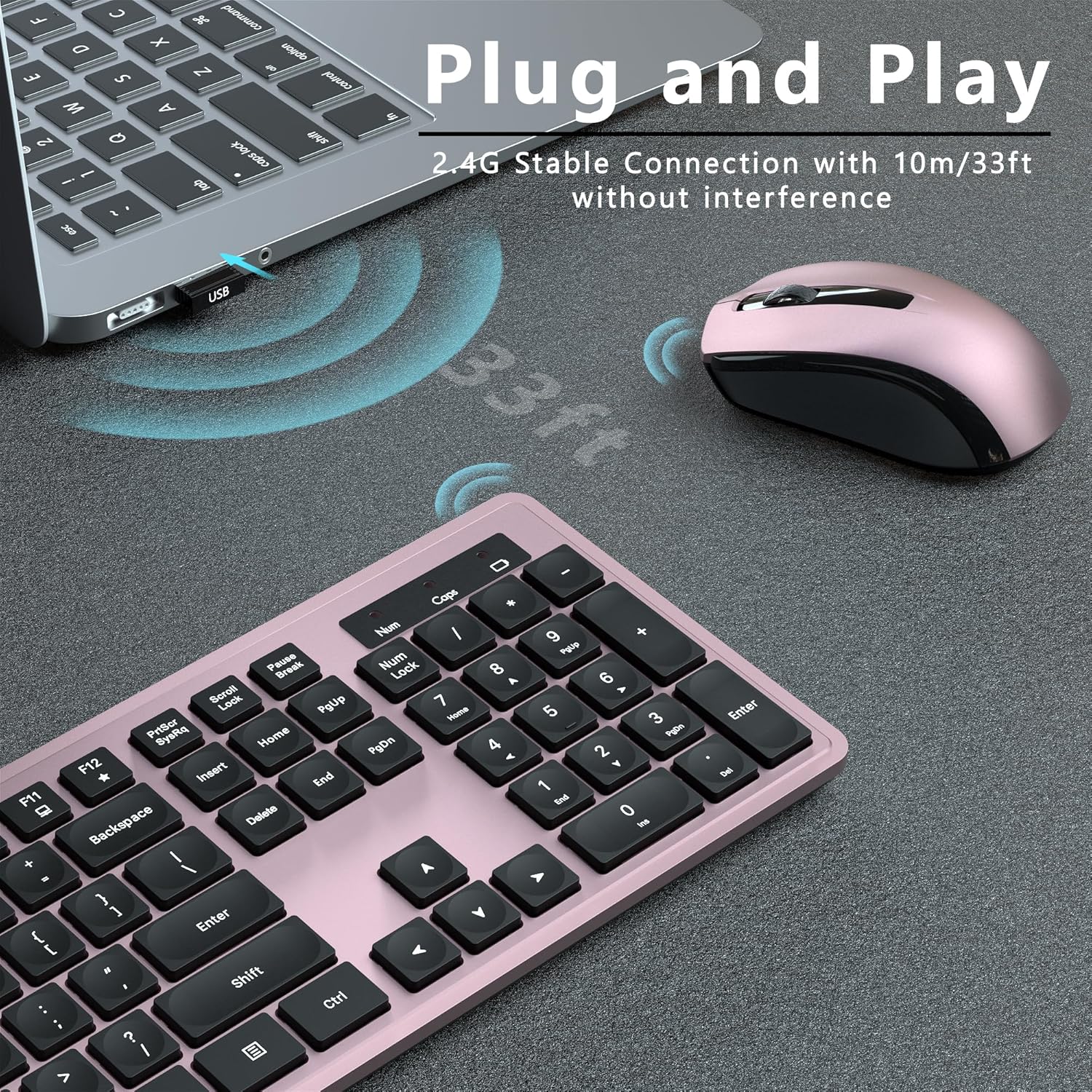 UBOTIE S624AG Wireless Keyboard and Mouse Combo, 2.4GHz Wireless Keyboard Mouse with USB Receiver, Water-Dropping Keycaps, 104 Keys Full Size with Number Pad for PC Laptop Computer Desktop