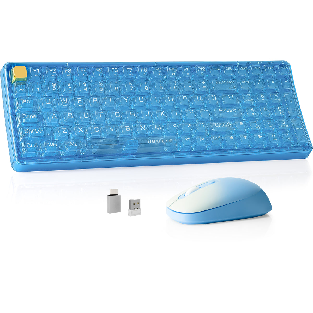 UBOTIE S601AG Wireless Transparent Keyboard and Mouse Combo, UBOTIE Blue 100keys 2.4GHz USB Receiver Keyboard Mouse Set with Adjustable DPI Optical Mouse for PC Laptop